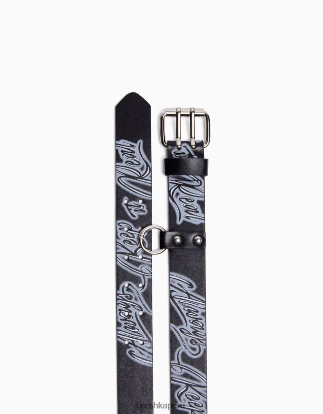 negro Bershka hombres cinturón de piel sintética con grafiti 806J6B3640
