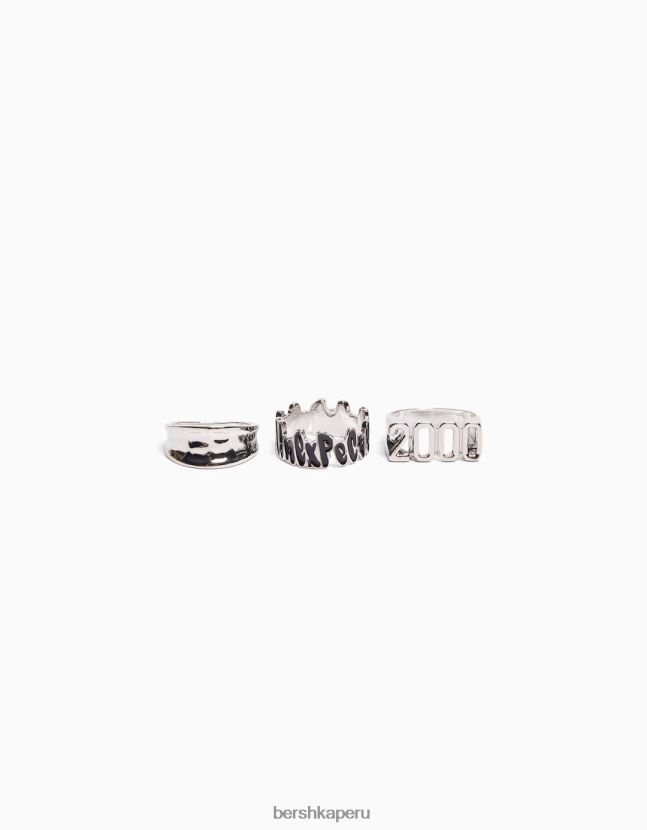 plata Bershka hombres juego de 3 anillos con eslogan 806J6B3647