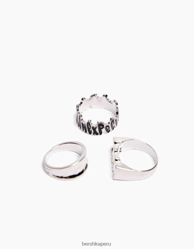 plata Bershka hombres juego de 3 anillos con eslogan 806J6B3647