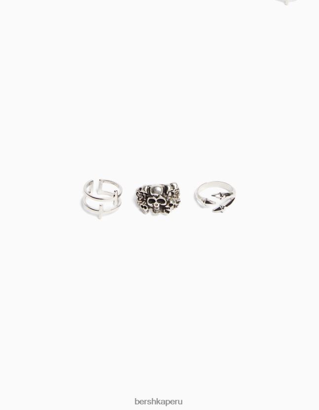 plata Bershka hombres juego de 3 anillos de cruz de calavera 806J6B3653