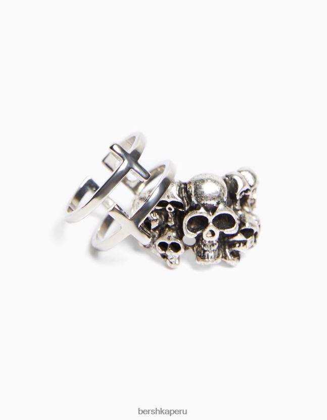 plata Bershka hombres juego de 3 anillos de cruz de calavera 806J6B3653