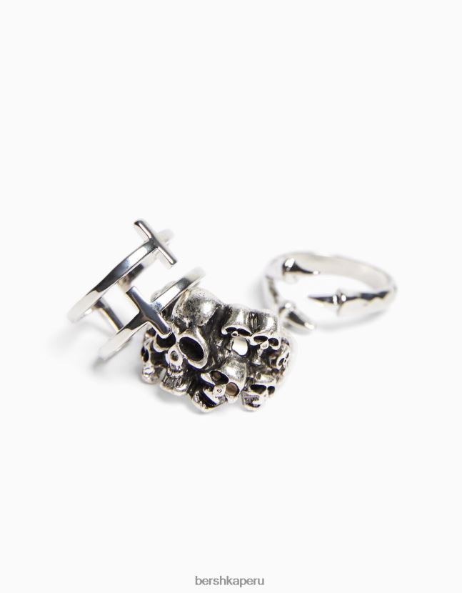 plata Bershka hombres juego de 3 anillos de cruz de calavera 806J6B3653