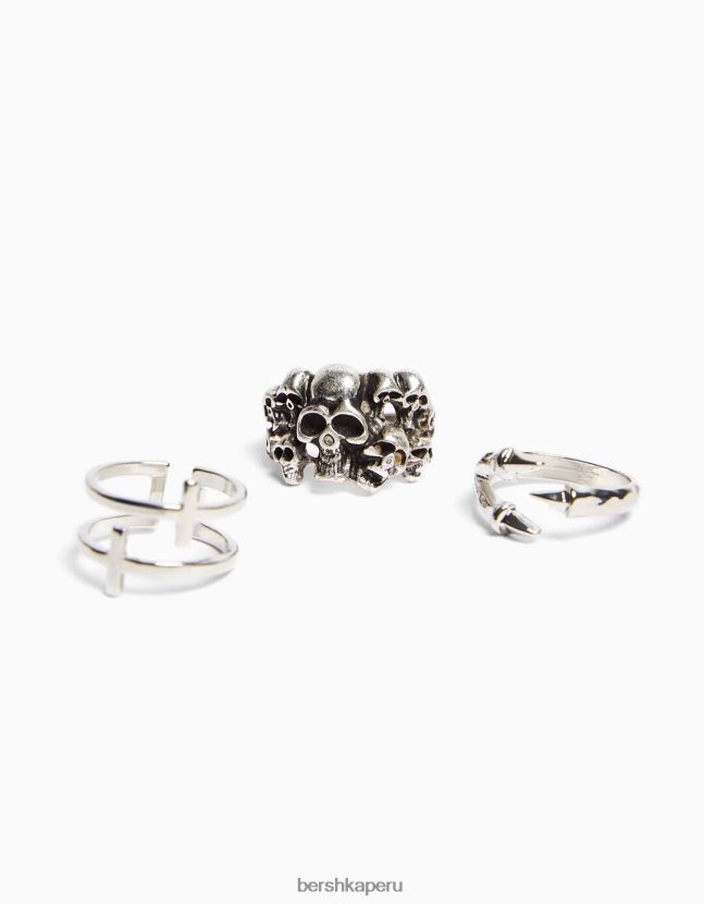 plata Bershka hombres juego de 3 anillos de cruz de calavera 806J6B3653