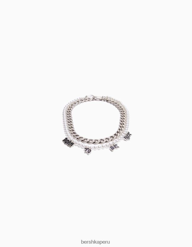 plata Bershka hombres pack de 2 collares de perlas de imitación y eslogan 806J6B3665