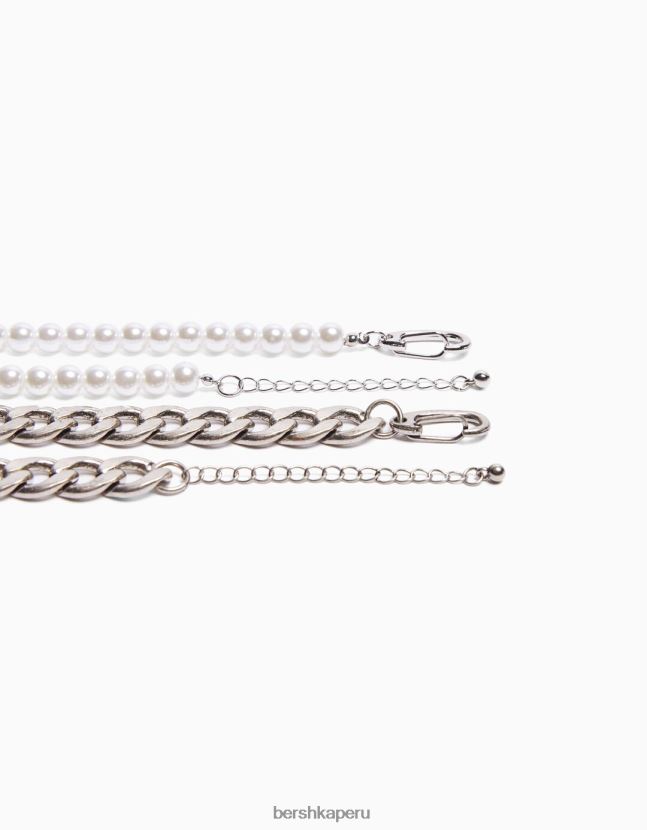 plata Bershka hombres pack de 2 collares de perlas de imitación y eslogan 806J6B3665