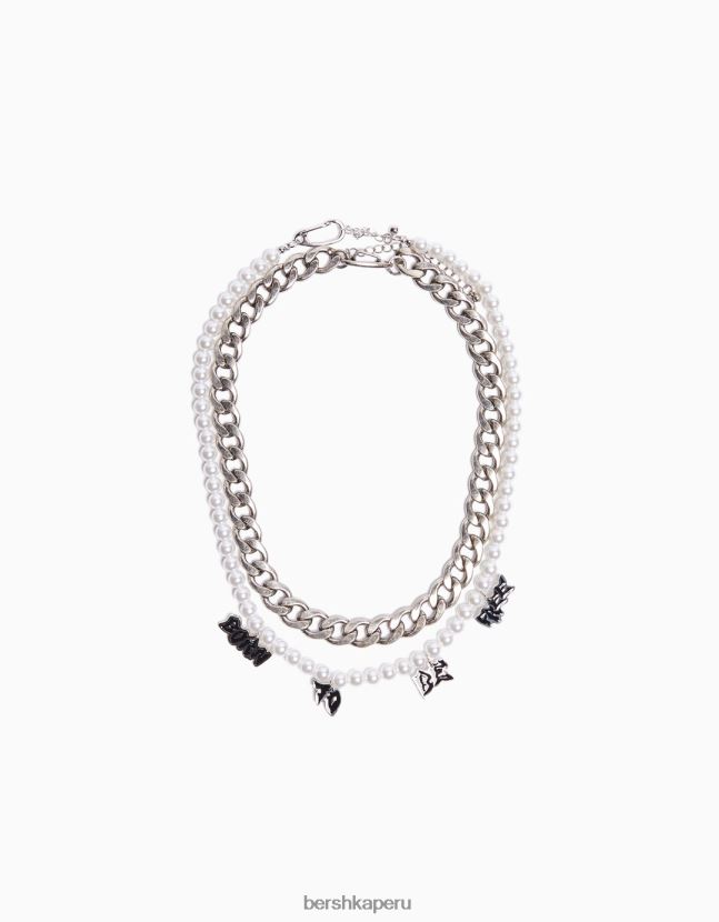 plata Bershka hombres pack de 2 collares de perlas de imitación y eslogan 806J6B3665