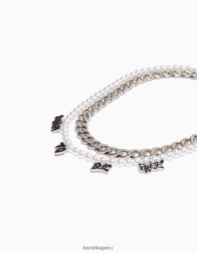 plata Bershka hombres pack de 2 collares de perlas de imitación y eslogan 806J6B3665