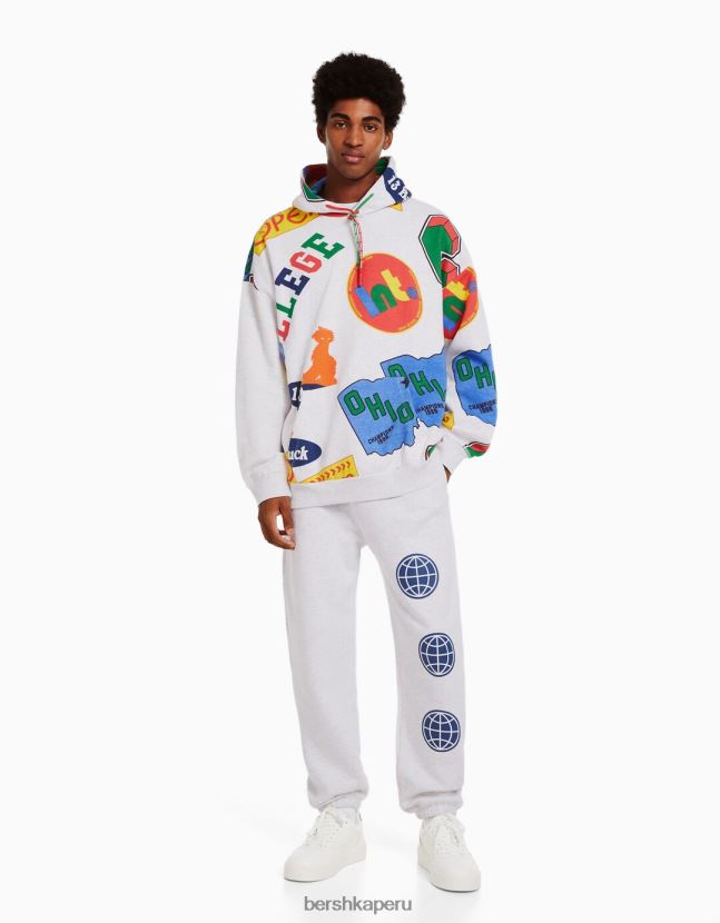 gris Bershka hombres conjunto de sudadera y pantalón con estampado de felpa 806J6B3411