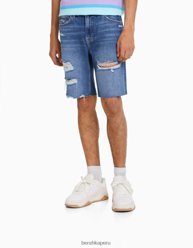 azul Bershka hombres bermudas de mezclilla rasgadas slim fit 806J6B3302