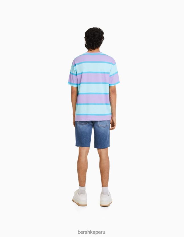 azul Bershka hombres bermudas de mezclilla rasgadas slim fit 806J6B3302
