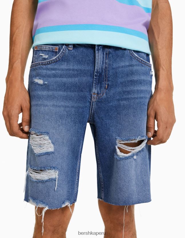 azul Bershka hombres bermudas de mezclilla rasgadas slim fit 806J6B3302