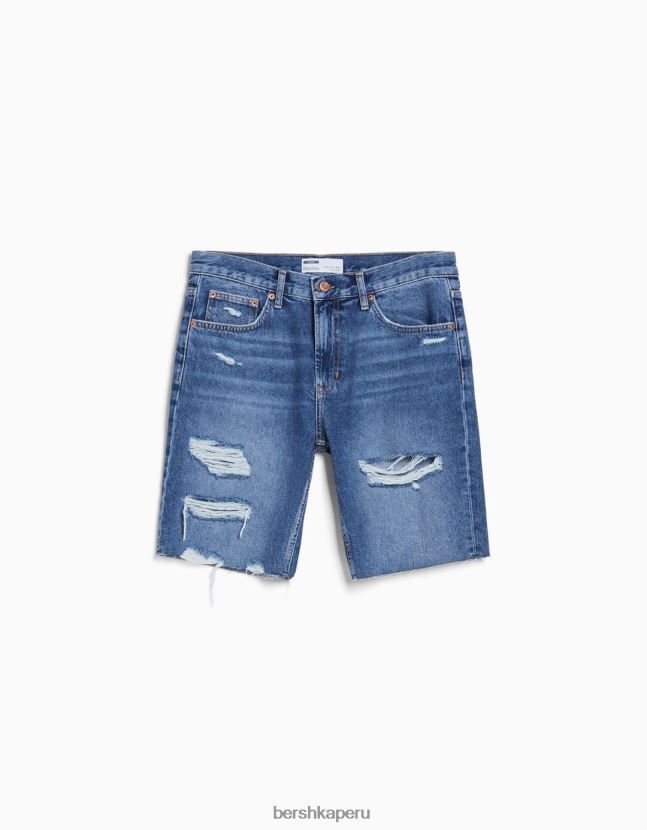 azul Bershka hombres bermudas de mezclilla rasgadas slim fit 806J6B3302