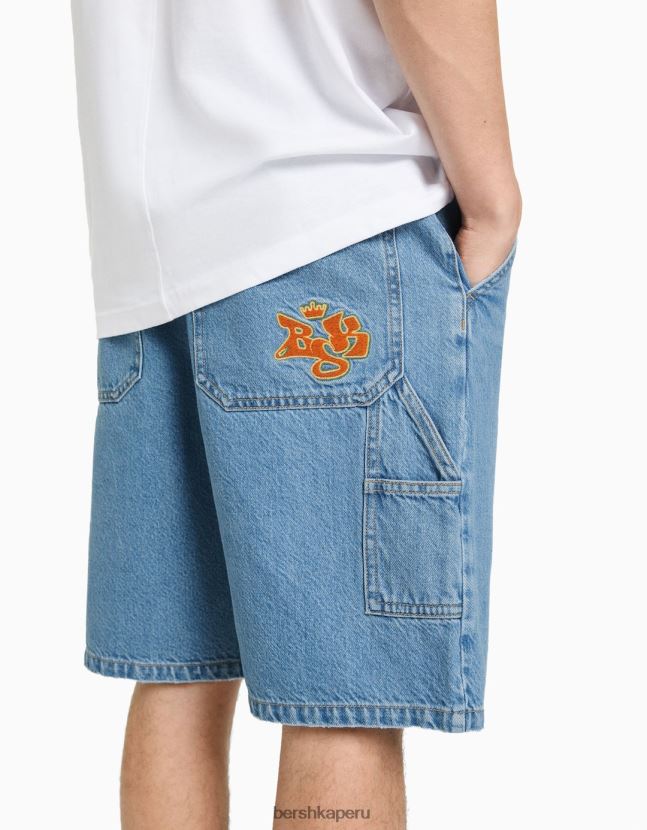 azul claro Bershka hombres bermudas de carpintero de mezclilla 806J6B3295