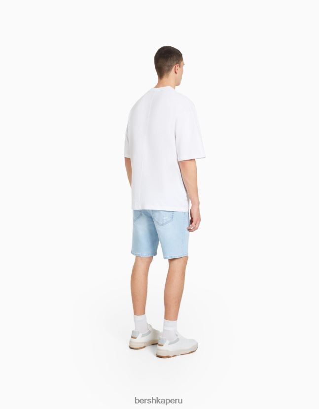azul claro Bershka hombres bermudas de mezclilla con rotos 806J6B3340