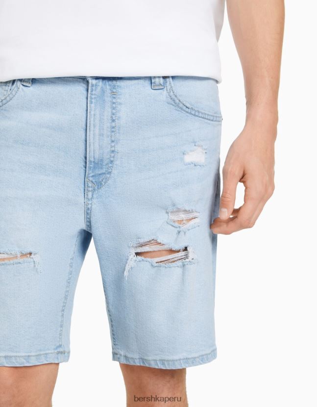 azul claro Bershka hombres bermudas de mezclilla con rotos 806J6B3340