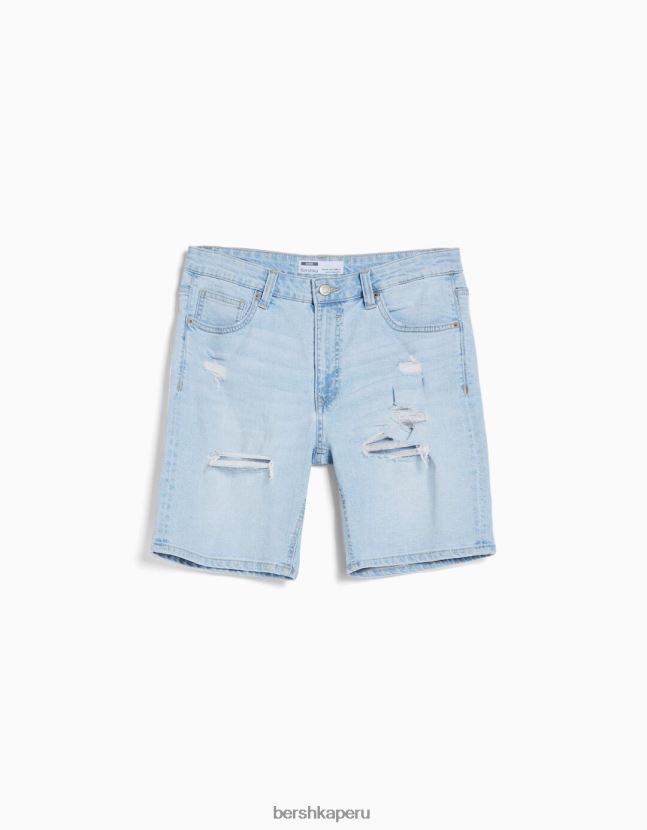 azul claro Bershka hombres bermudas de mezclilla con rotos 806J6B3340