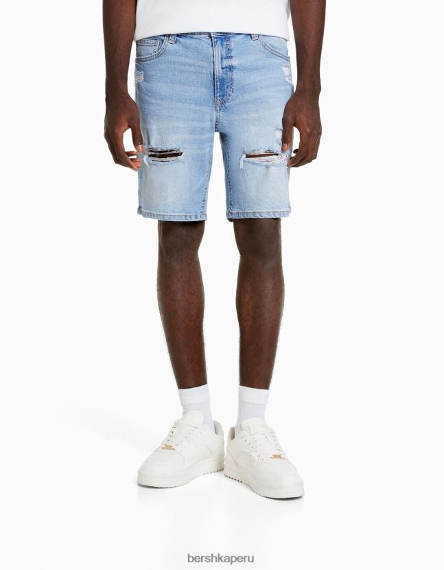 azul claro Bershka hombres bermudas de mezclilla con rotos 806J6B3342