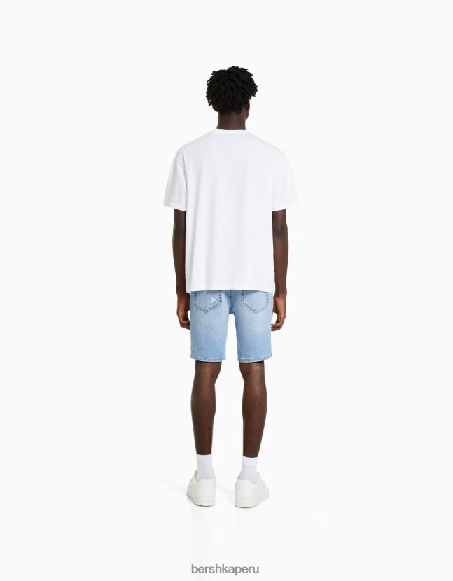 azul claro Bershka hombres bermudas de mezclilla con rotos 806J6B3342