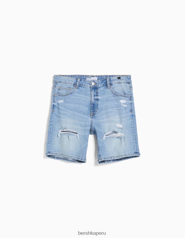 azul claro Bershka hombres bermudas de mezclilla con rotos 806J6B3342