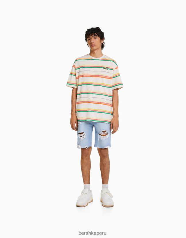 azul claro Bershka hombres bermudas de mezclilla rasgadas slim fit 806J6B3301