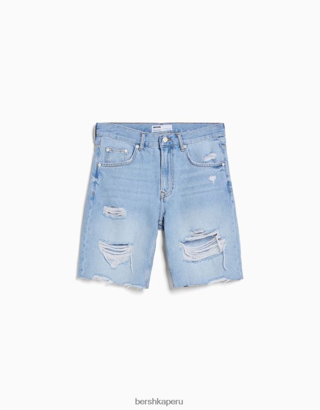 azul claro Bershka hombres bermudas de mezclilla rasgadas slim fit 806J6B3301