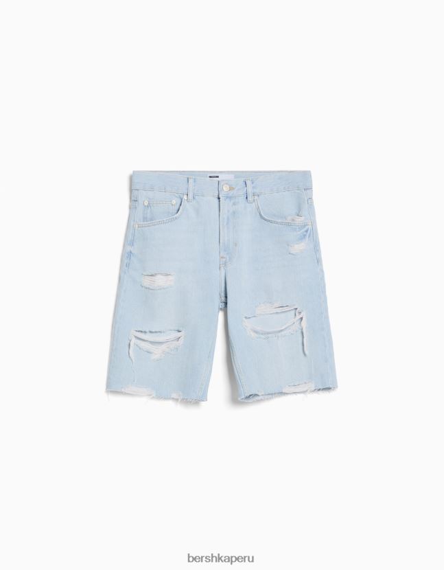 azul claro Bershka hombres bermudas de mezclilla rasgadas slim fit 806J6B3304