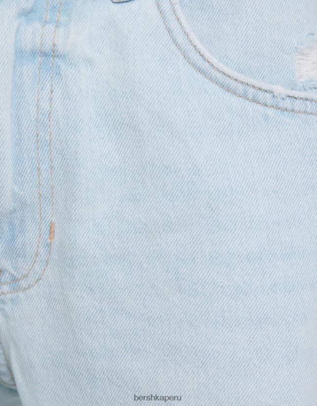 azul claro Bershka hombres bermudas de mezclilla rasgadas slim fit 806J6B3304