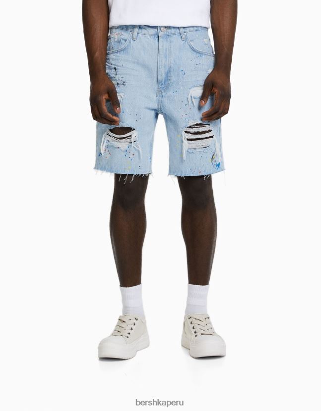 azul claro Bershka hombres bermudas de mezclilla rota con salpicaduras de pintura 806J6B3331