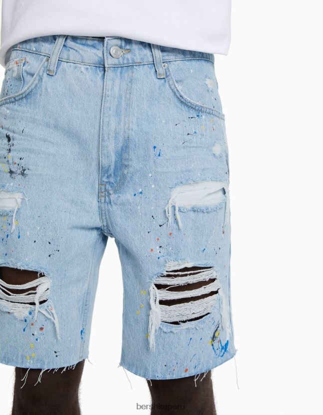 azul claro Bershka hombres bermudas de mezclilla rota con salpicaduras de pintura 806J6B3331