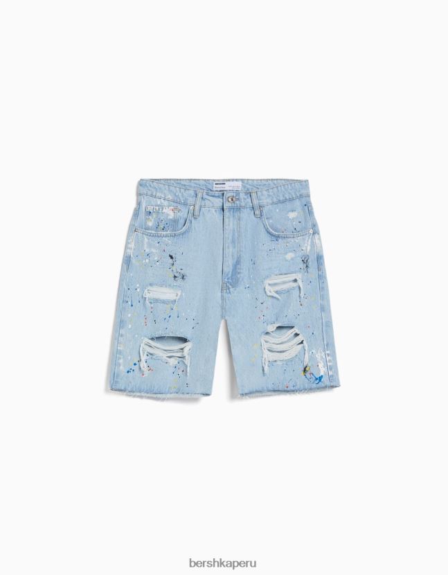 azul claro Bershka hombres bermudas de mezclilla rota con salpicaduras de pintura 806J6B3331