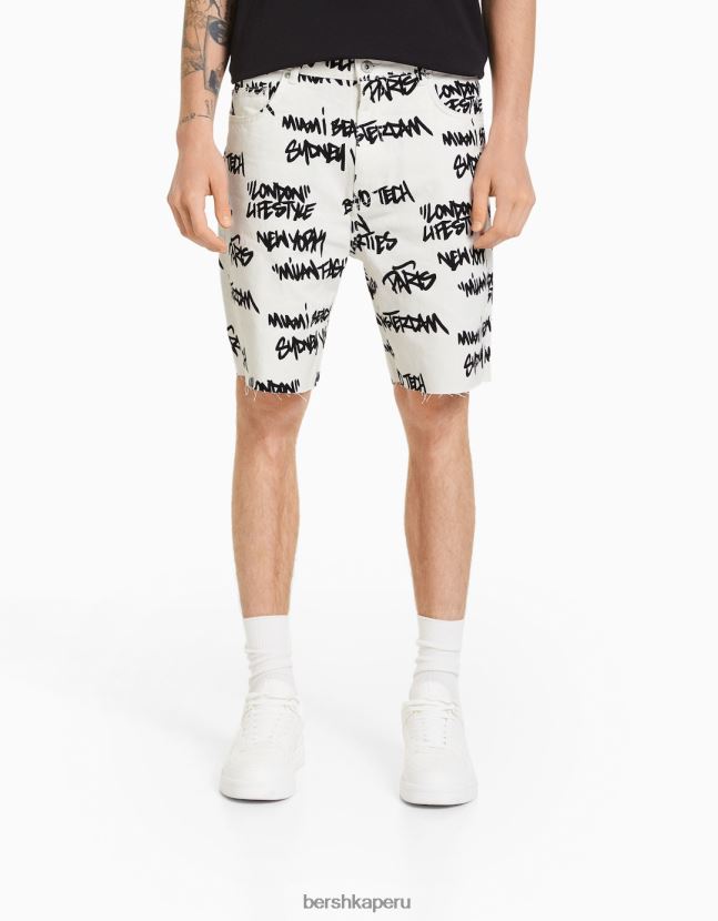 blanco Bershka hombres bermudas de mezclilla con rotos estampados 806J6B3335