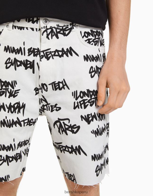 blanco Bershka hombres bermudas de mezclilla con rotos estampados 806J6B3335