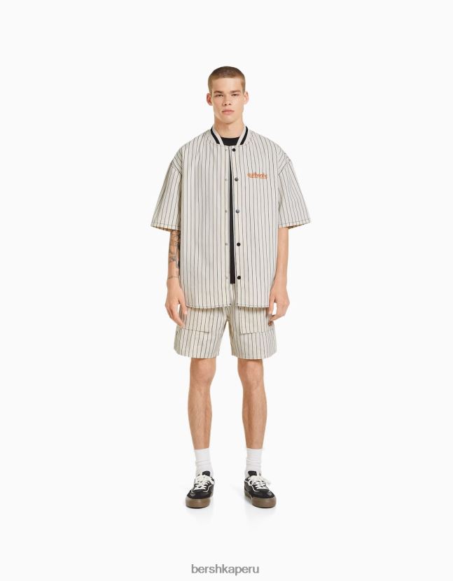 crema Bershka hombres bermudas jogger de mezclilla a rayas deportivas retro 806J6B3368