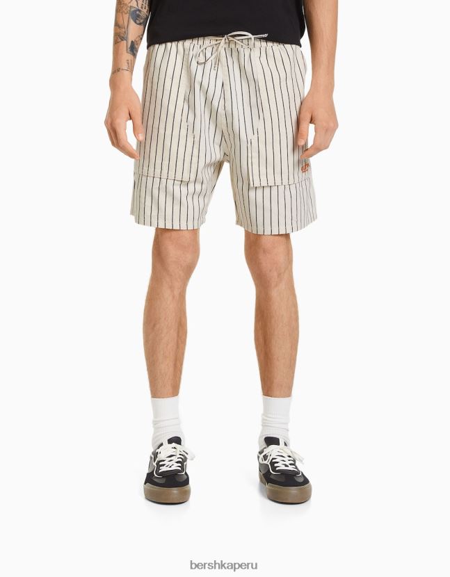 crema Bershka hombres bermudas jogger de mezclilla a rayas deportivas retro 806J6B3368