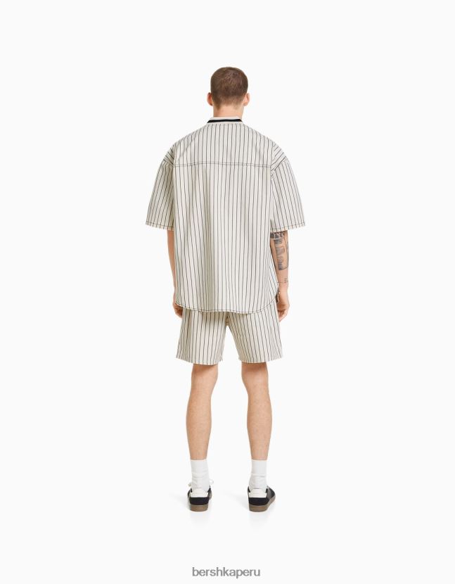 crema Bershka hombres bermudas jogger de mezclilla a rayas deportivas retro 806J6B3368