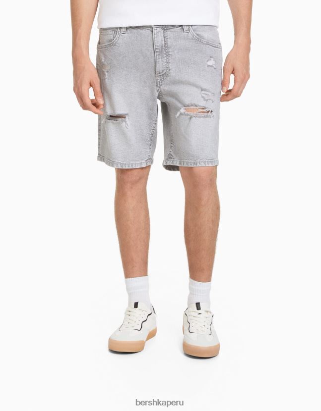 gris oscuro Bershka hombres bermudas de mezclilla con rotos 806J6B3343