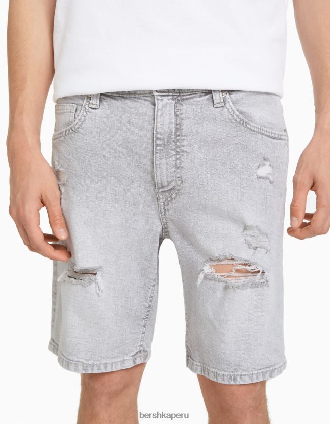gris oscuro Bershka hombres bermudas de mezclilla con rotos 806J6B3343