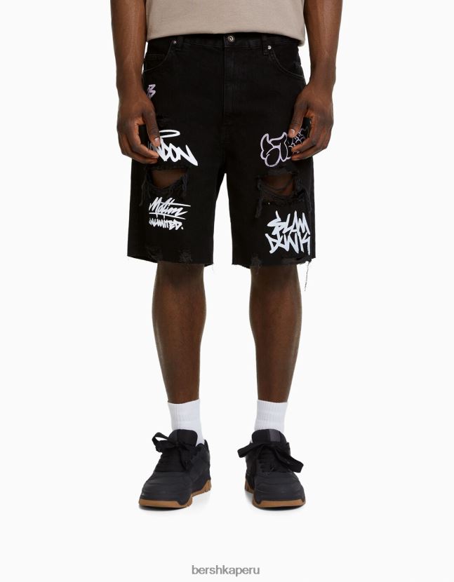 negro Bershka hombres bermudas de mezclilla con rotos estampados 806J6B3334