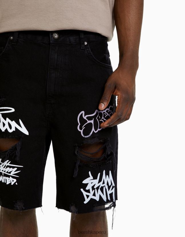 negro Bershka hombres bermudas de mezclilla con rotos estampados 806J6B3334