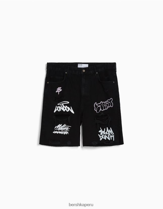 negro Bershka hombres bermudas de mezclilla con rotos estampados 806J6B3334