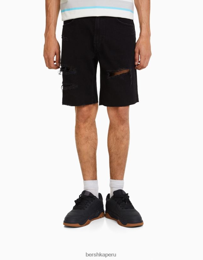 negro Bershka hombres bermudas de mezclilla rasgadas slim fit 806J6B3303