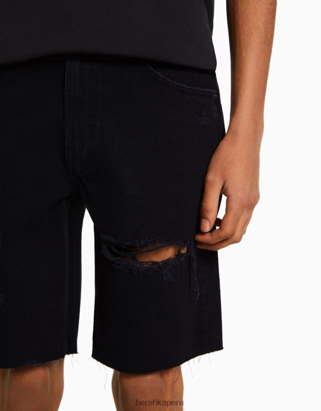 negro Bershka hombres bermudas de mezclilla rasgadas slim fit 806J6B3303