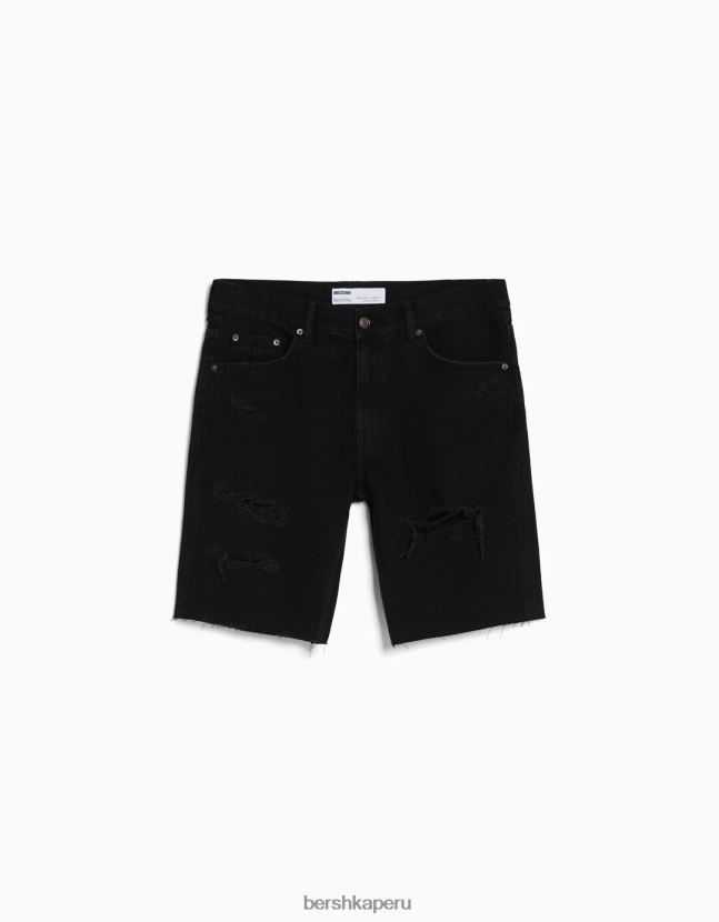 negro Bershka hombres bermudas de mezclilla rasgadas slim fit 806J6B3303