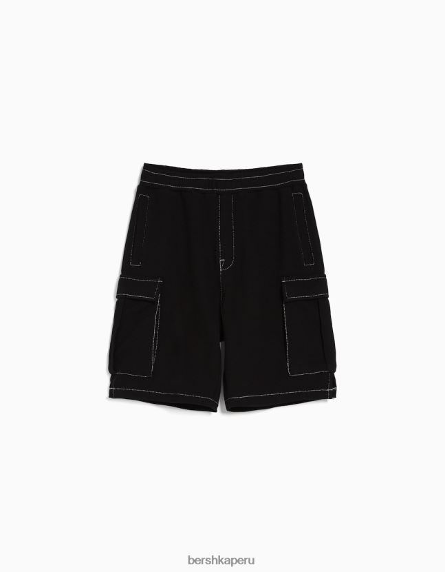 negro Bershka hombres Bermudas cargo de sarga con hilo en contraste 806J6B3291