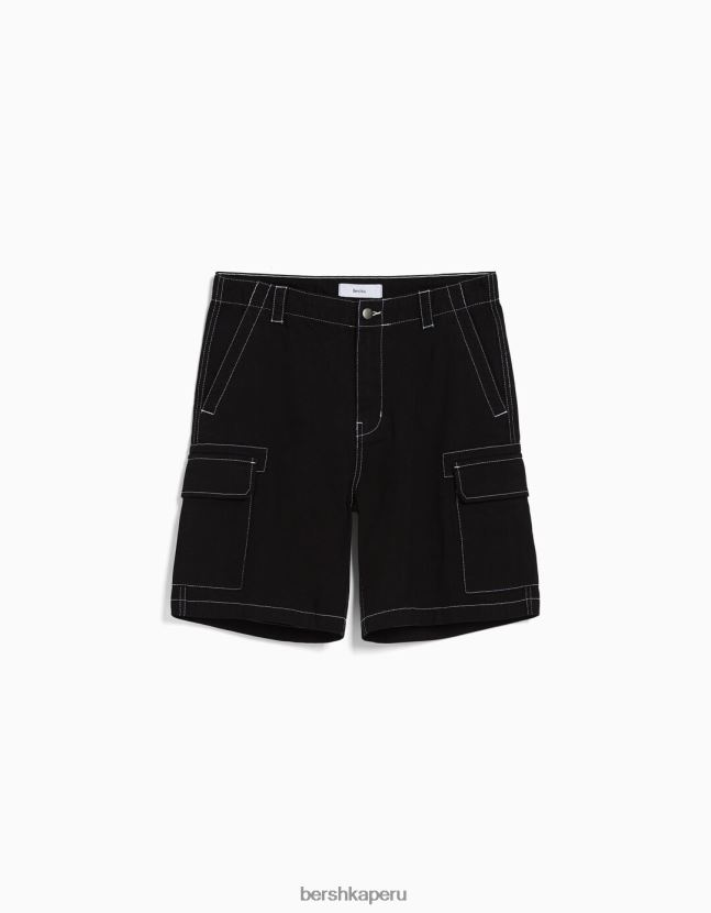 negro Bershka hombres bermudas cargo con hilos en contraste 806J6B3286