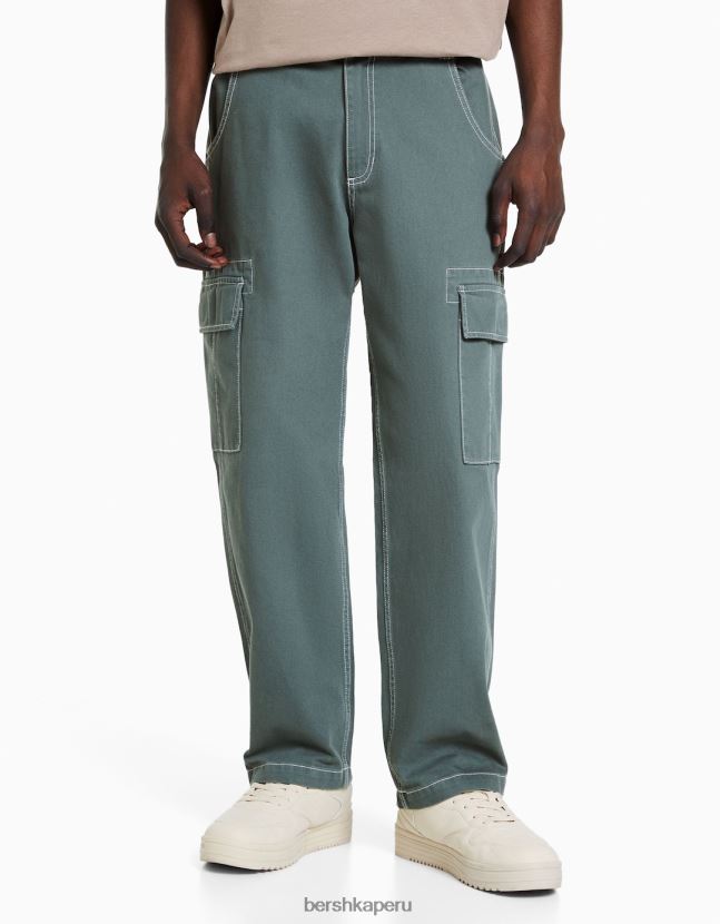 azul Bershka hombres pantalones cargo de pernera ancha con costuras en contraste 806J6B3257