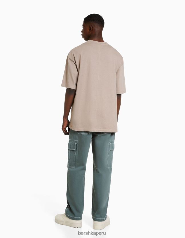 azul Bershka hombres pantalones cargo de pernera ancha con costuras en contraste 806J6B3257