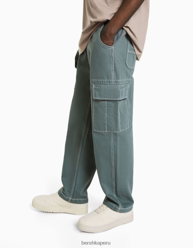 azul Bershka hombres pantalones cargo de pernera ancha con costuras en contraste 806J6B3257