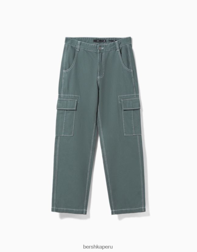 azul Bershka hombres pantalones cargo de pernera ancha con costuras en contraste 806J6B3257