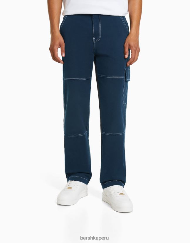 azul oscuro Bershka hombres pantalones cargo de pernera ancha con costuras en contraste 806J6B3251